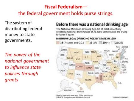 Fiscal Federalism— the federal government holds purse strings. The system of distributing federal money to state governments. The power of the national.