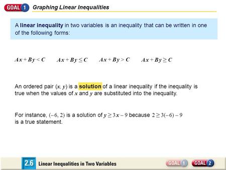 Graphing Linear Inequalities A linear inequality in two variables is an inequality that can be written in one of the following forms: A x + B y < C A x.