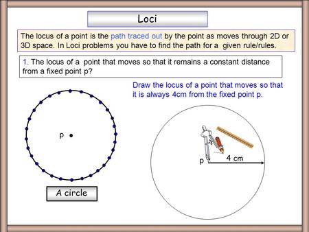 Circle Loci 1. The locus of a point that moves so that it remains a constant distance from a fixed point p? p The locus of a point is the path traced.