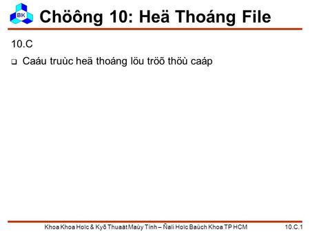 Khoa Khoa Hoïc & Kyõ Thuaät Maùy Tính – Ñaïi Hoïc Baùch Khoa TP HCM 10.C.1 Chöông 10: Heä Thoáng File 10.C  Caáu truùc heä thoáng löu tröõ thöù caáp.