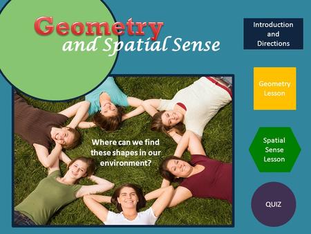 Geometry Lesson Spatial Sense Lesson QUIZ Where can we find these shapes in our environment? Introduction and Directions Introduction and Directions.