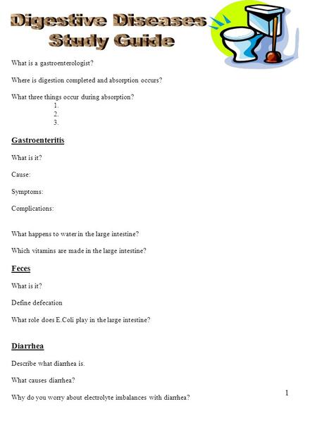 1 What is a gastroenterologist? Where is digestion completed and absorption occurs? What three things occur during absorption? 1. 2. 3. Gastroenteritis.