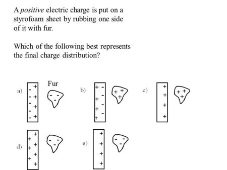 A positive electric charge is put on a styrofoam sheet by rubbing one side of it with fur. Which of the following best represents the final charge distribution?