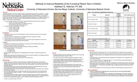 One-arm reach (heels down example) Two-arm reach (heels up example) Conclusions Highest reliability for all age groups was in the toe-to-finger method.