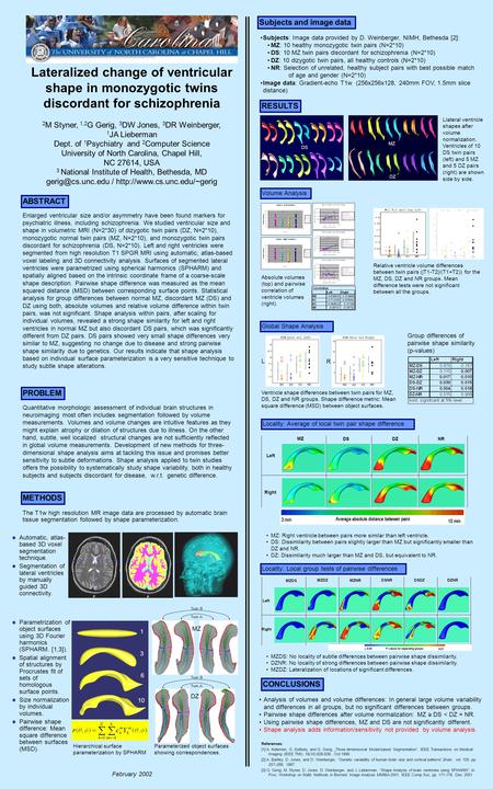 Lateralized change of ventricular shape in monozygotic twins discordant for schizophrenia 2 M Styner, 1,2 G Gerig, 3 DW Jones, 3 DR Weinberger, 1 JA Lieberman.