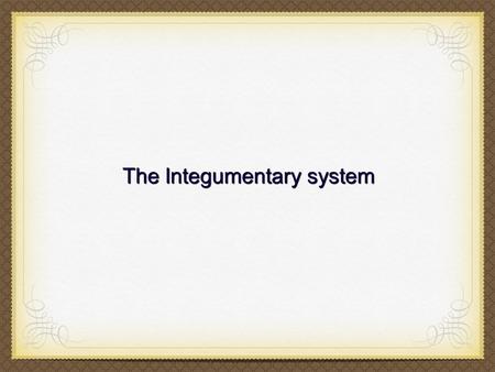 The Integumentary system. The integumentary system : (From Latin integumentum, from integere 'to cover'; from in- + tegere 'to cover') Is the organ system.