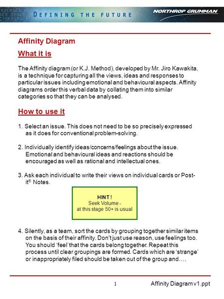 Affinity Diagram v1.ppt 1 What it is The Affinity diagram (or K.J. Method), developed by Mr. Jiro Kawakita, is a technique for capturing all the views,