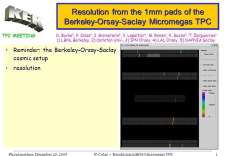 Phone meeting, December 20, 2005P. Colas - Resolution in BOS Micromegas TPC1 Resolution from the 1mm pads of the Berkeley-Orsay-Saclay Micromegas TPC Reminder: