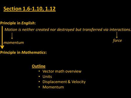 Motion is neither created nor destroyed but transferred via interactions. Principle in English: Principle in Mathematics: momentum force Outline Vector.