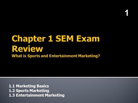 1.1 Marketing Basics 1.2 Sports Marketing 1.3 Entertainment Marketing 1.