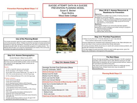 SUICIDE ATTEMPT DATA IN A SUICIDE PREVENTION PLANNING MODEL Susan E. Becker Ryan Mullins Mesa State College Prevention Planning Model Steps 1-3 1. Establish.