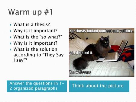 Answer the questions in 1- 2 organized paragraphs Think about the picture  What is a thesis?  Why is it important?  What is the “so what?”  Why is.