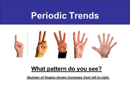 Periodic Trends What pattern do you see? -Number of fingers shown increases from left to right.