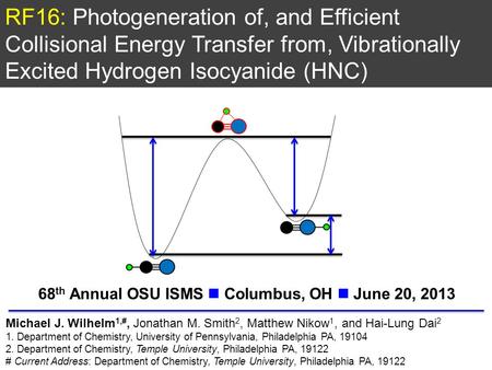 RF16: Photogeneration of, and Efficient Collisional Energy Transfer from, Vibrationally Excited Hydrogen Isocyanide (HNC) Michael J. Wilhelm 1,#, Jonathan.