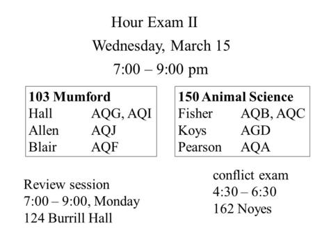 Hour Exam II Wednesday, March 15 7:00 – 9:00 pm 103 Mumford HallAQG, AQI AllenAQJ BlairAQF 150 Animal Science FisherAQB, AQC KoysAGD PearsonAQA conflict.