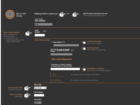 Signup Process Buy or Sell Stocks Look it up by name Click [list] to search Wikinvest Wikipedia = general company information Wikinvest = History, Charts,