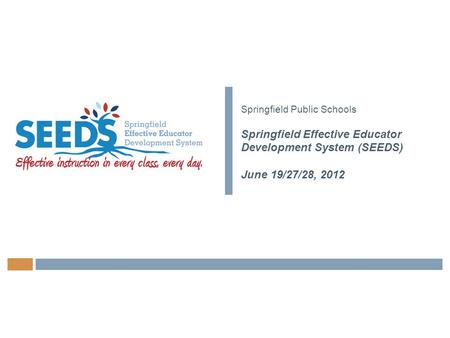 Springfield Public Schools Springfield Effective Educator Development System (SEEDS) June 19/27/28, 2012.