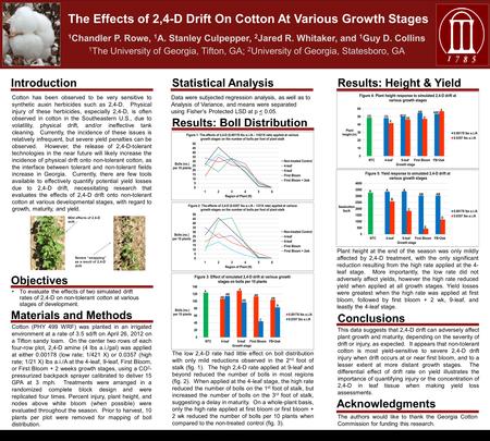 Objectives To evaluate the effects of two simulated drift rates of 2,4-D on non-tolerant cotton at various stages of development. 1 Chandler P. Rowe, 1.