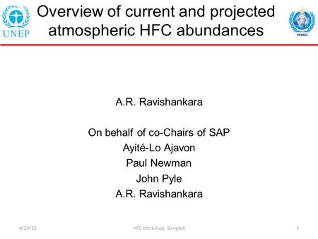 Overview of current and projected atmospheric HFC abundances A.R. Ravishankara On behalf of co-Chairs of SAP Ayité-Lo Ajavon Paul Newman John Pyle A.R.