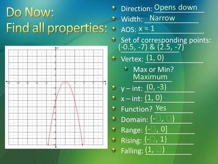 Direction: _____________ Width: ______________ AOS: _________________ Set of corresponding points: _______________ Vertex: _______________ Max or Min?