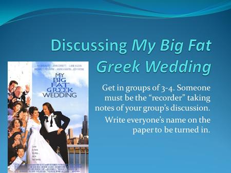 Get in groups of 3-4. Someone must be the “recorder” taking notes of your group’s discussion. Write everyone’s name on the paper to be turned in.