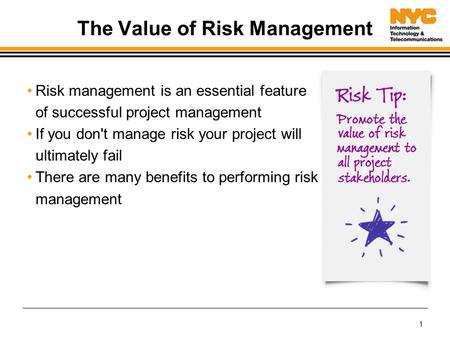 1 The Value of Risk Management Risk management is an essential feature of successful project management If you don't manage risk your project will ultimately.