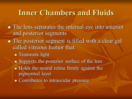 Inner Chambers and Fluids The lens separates the internal eye into anterior and posterior segments The lens separates the internal eye into anterior and.