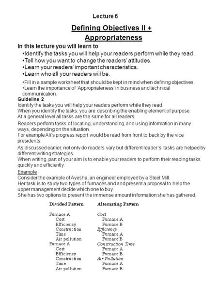 Lecture 6 Defining Objectives II + Appropriateness In this lecture you will learn to Identify the tasks you will help your readers perform while they read.