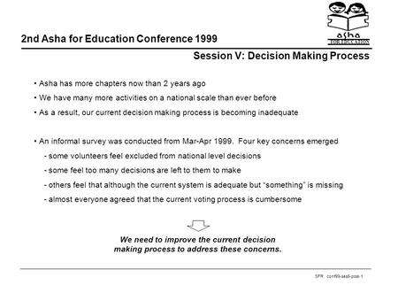 FOR EDUCATION SFR - 1conf99-ses5-post Session V: Decision Making Process 2nd Asha for Education Conference 1999 Asha has more chapters now than 2 years.