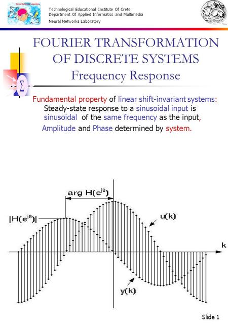 Technological Educational Institute Of Crete Department Of Applied Informatics and Multimedia Neural Networks Laboratory Slide 1 FOURIER TRANSFORMATION.