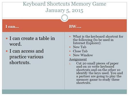 I can… BW…. I can create a table in word. I can access and practice various shortcuts. What is the keyboard shortcut for the following (to be used in Internet.