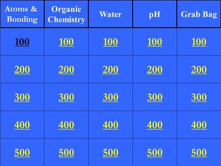 200 300 400 500 100 200 300 400 500 100 200 300 400 500 100 200 300 400 500 100 200 300 400 500 100 Atoms & Bonding Organic Chemistry WaterpHGrab Bag.