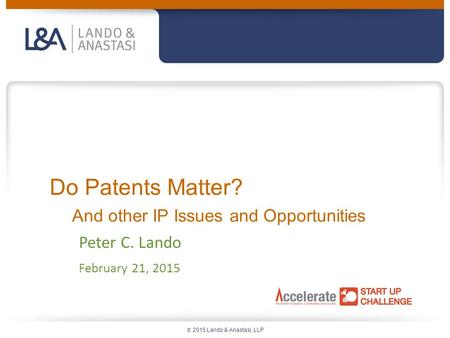  2015 Lando & Anastasi, LLP Do Patents Matter? And other IP Issues and Opportunities Peter C. Lando February 21, 2015.