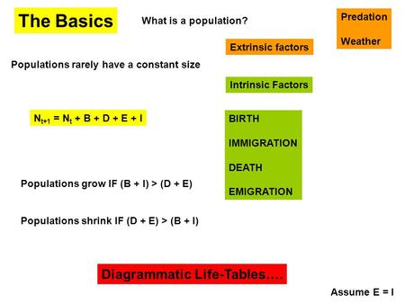 The Basics Populations rarely have a constant size Intrinsic Factors BIRTH IMMIGRATION DEATH EMIGRATION Extrinsic factors Predation Weather N t+1 = N t.