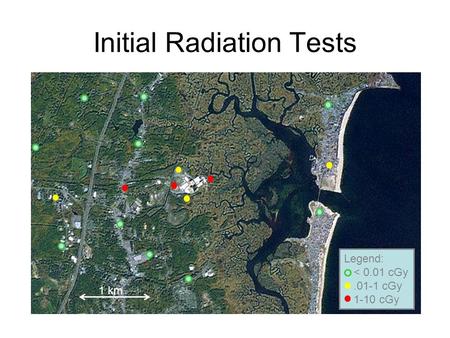 Legend: < 0.01 cGy.01-1 cGy 1-10 cGy Initial Radiation Tests 1 km.