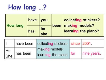 How long …? How long haveyou been collecting stickers? making models? learning the piano? has he she Ihave been collecting stickers making models learning.