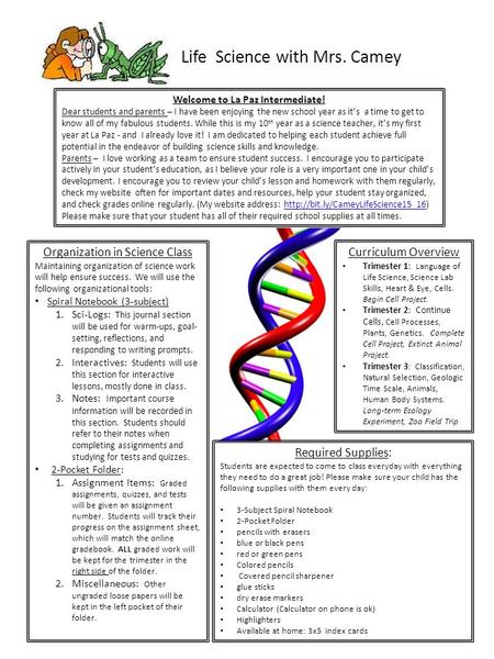 Curriculum Overview Trimester 1: Language of Life Science, Science Lab Skills, Heart & Eye, Cells. Begin Cell Project. Trimester 2: Continue Cells, Cell.