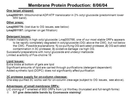 Membrane Protein Production: 8/06/04 One target shipped: Lmaj000191: Mitochondrial ADP/ATP translocator in 2% octyl glucoside (predominant lower MW band).