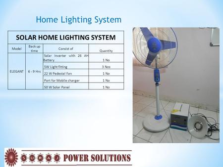 Home Lighting System SOLAR HOME LIGHTING SYSTEM Model Back up time Consist of Quantity ELEGANT6 - 9 Hrs Solar Inverter with 26 AH Battery1 No 5W Light.