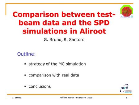 G. BrunoOffline week - February 20051 Comparison between test- beam data and the SPD simulations in Aliroot G. Bruno, R. Santoro Outline:  strategy of.