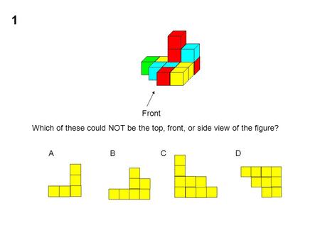 1 Front Which of these could NOT be the top, front, or side view of the figure? A B C D.