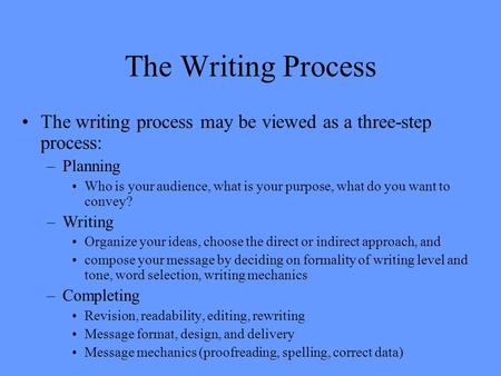 The Writing Process The writing process may be viewed as a three-step process: –Planning Who is your audience, what is your purpose, what do you want to.