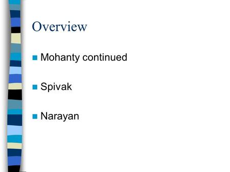 Overview Mohanty continued Spivak Narayan. Gayatri Spivak-Terms Strategic essentialism- no essence based on biology or culture, but can be employed for.