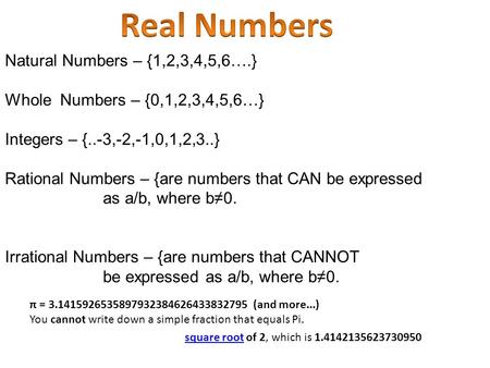 Real Numbers Natural Numbers – {1,2,3,4,5,6….}