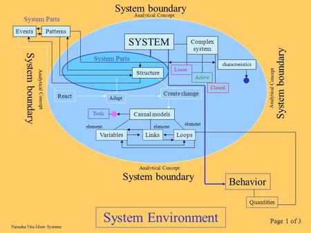 SYSTEM Complex system characteristics Casual models Structure EventsPatterns System Parts VariablesLinksLoops Analytical Concept System boundary Behavior.