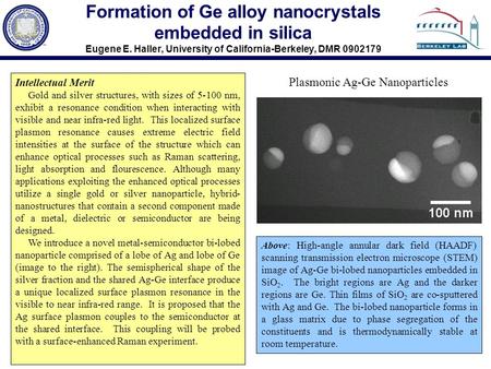 Formation of Ge alloy nanocrystals embedded in silica Eugene E. Haller, University of California-Berkeley, DMR 0902179 Above: High-angle annular dark field.