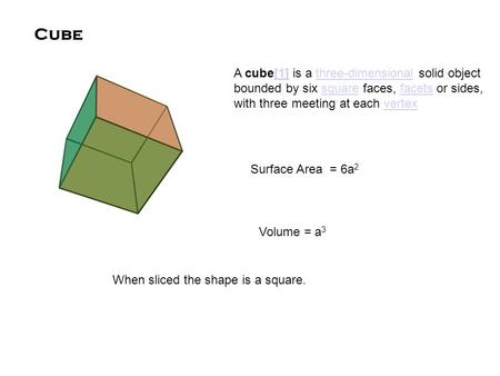 Cube A cube[1] is a three-dimensional solid object bounded by six square faces, facets or sides, with three meeting at each vertex[1]three-dimensionalsquarefacetsvertex.