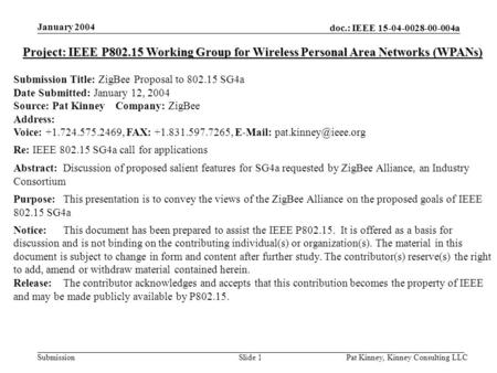 Doc.: IEEE 15-04-0028-00-004a Submission January 2004 Pat Kinney, Kinney Consulting LLCSlide 1 Project: IEEE P802.15 Working Group for Wireless Personal.