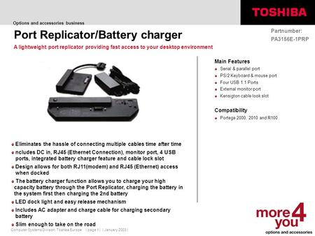 Computer Systems Division, Toshiba Europe Options and accessories business | January 2003 | | page 1 | Main Features Serial & parallel port PS/2 Keyboard.