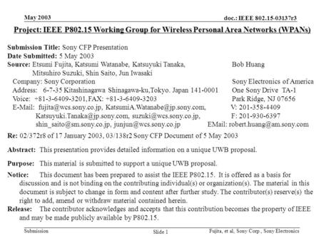 Project: IEEE P802.15 Working Group for Wireless Personal Area Networks (WPANs) Submission Title: Sony CFP Presentation Date Submitted: 5 May 2003 Source: